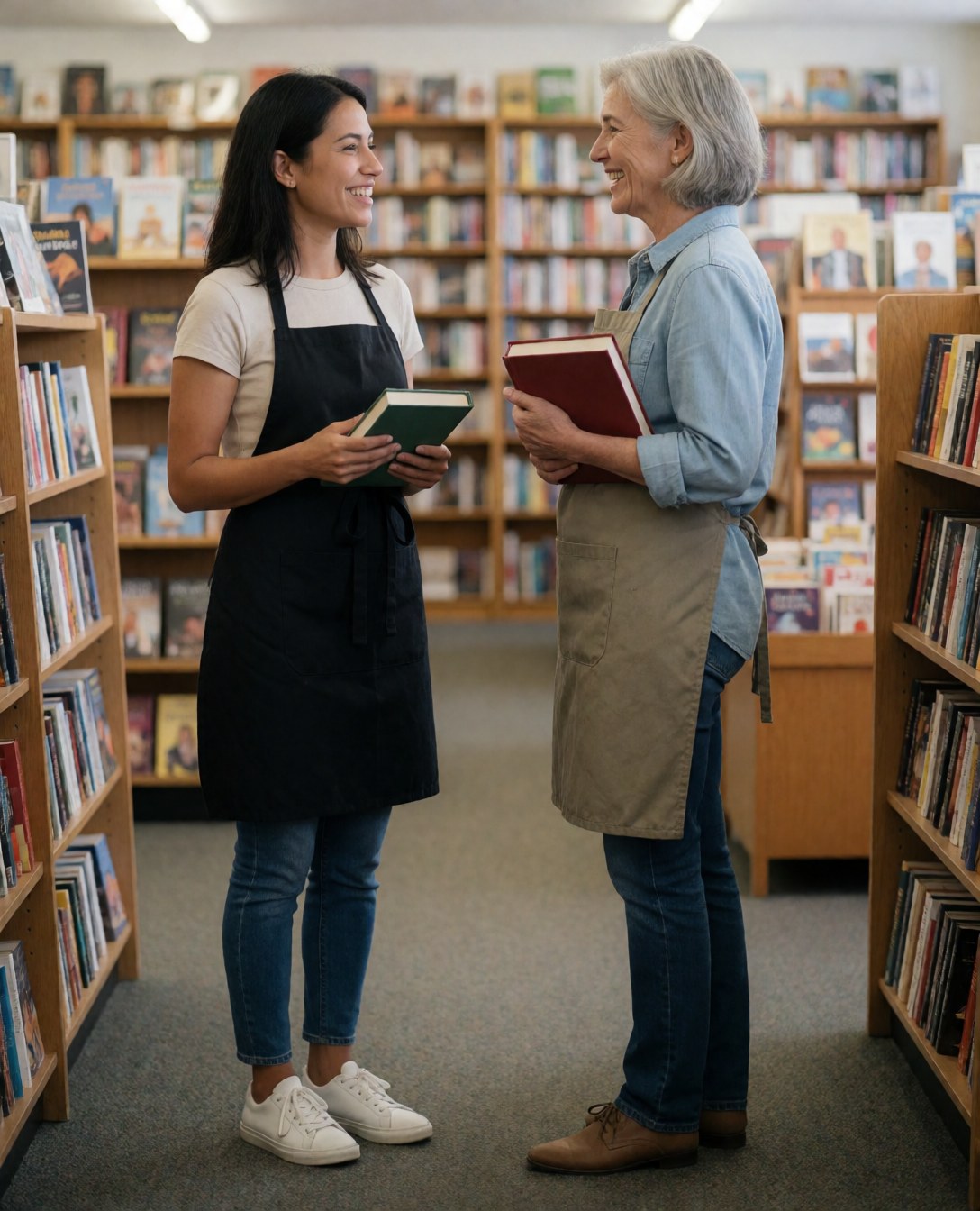 Two smiling women of different ages wearing aprons standing among bookshelves in a bookstore