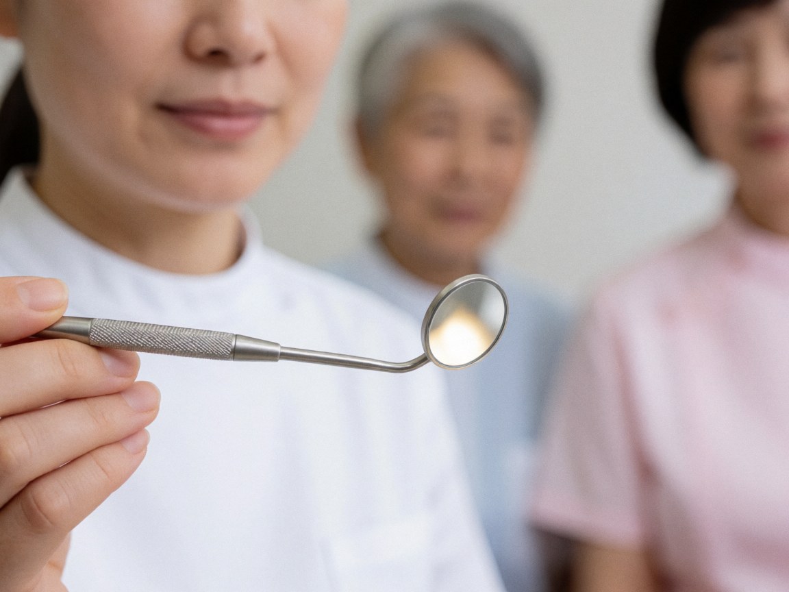 Close-up of a dental mirror held in hand reflecting light with professional hygiene in the blurred background