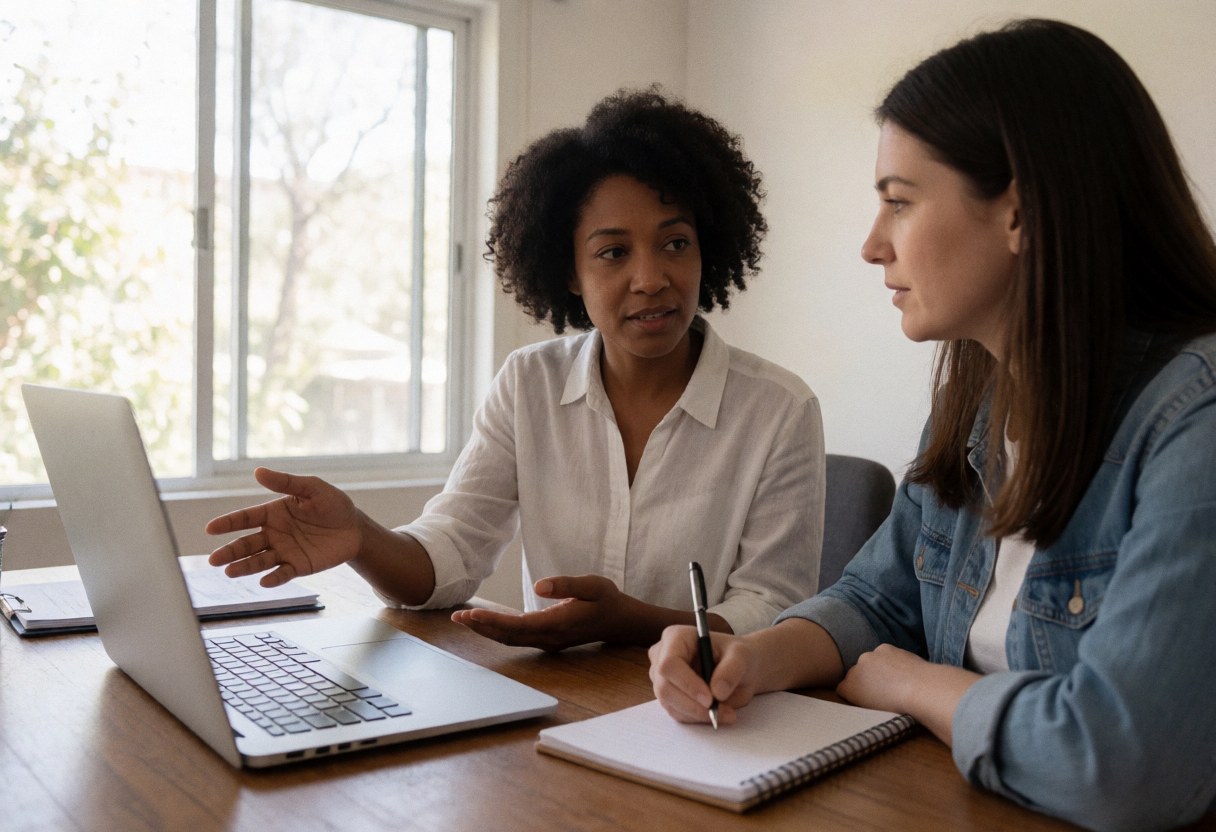 A business consultant explains a sales strategy to a client while they both look at a laptop and take notes in an office setting.