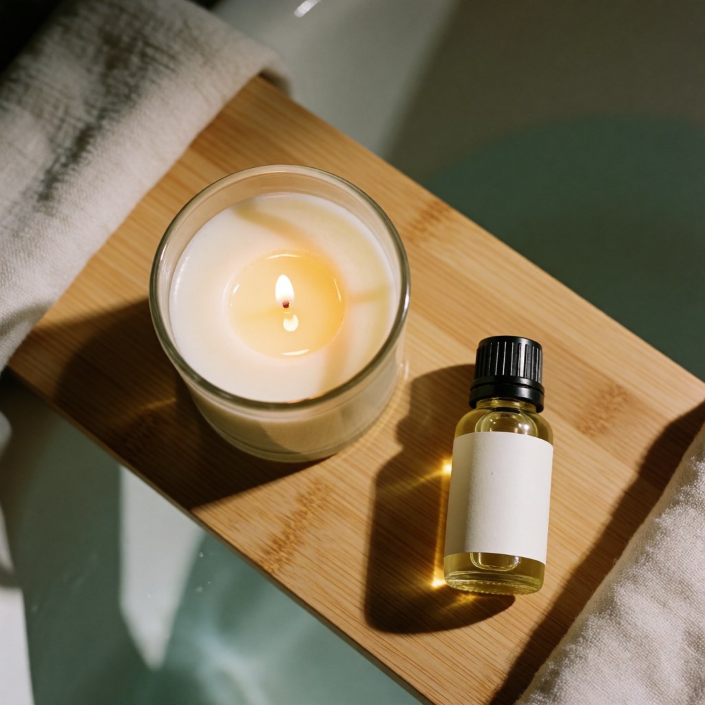 A lit candle and essential oil bottle on a bamboo tray with soft towels and warm light in a spa setting