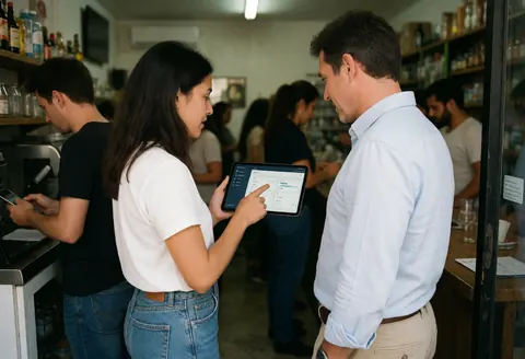 A woman shows a mobile app on a tablet to a man in a cafe while they look at the screen with interest