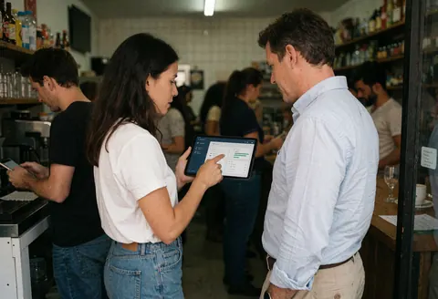 A consultant shows an app on a tablet to a client in a café.