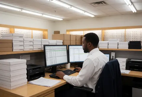 Employee working on a computer with spreadsheets, surrounded by eyeglass frame boxes and shelves with glasses.