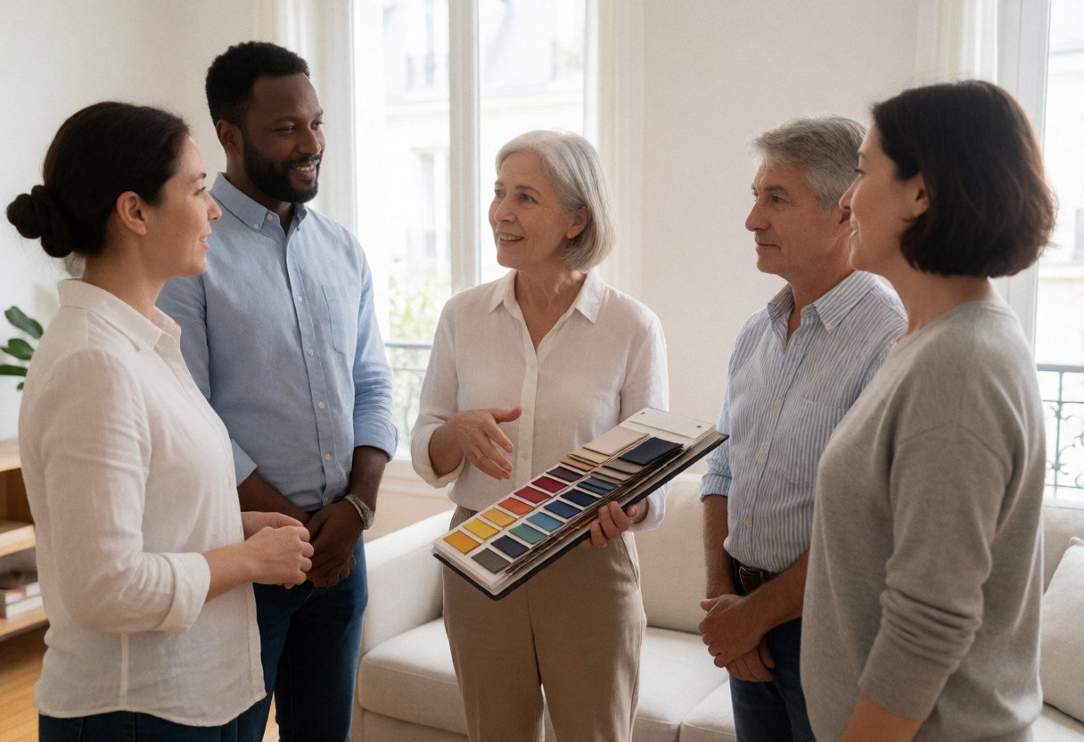 A mature woman presents a color swatch book to four attentive clients in a bright living room during a consultation.