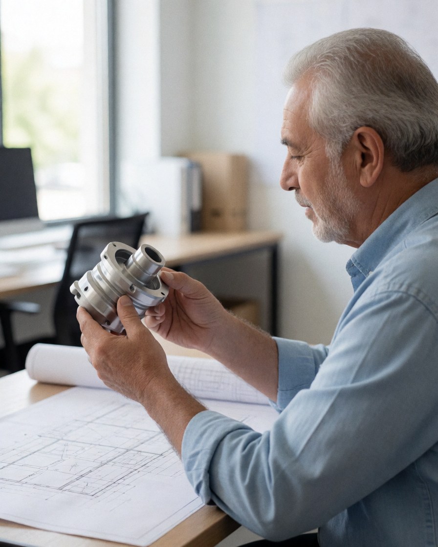A man examines a metal component on a desk with blueprints in a bright office with natural light