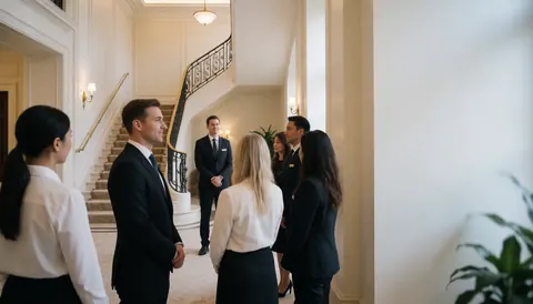 Elegant hotel lobby with attentive reception staff, warm lighting, stairs, and right side text space