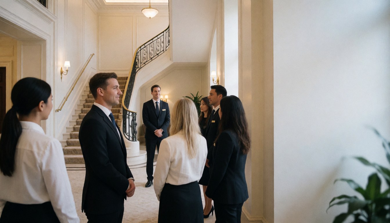 Elegant hotel lobby with attentive reception staff, warm lighting, stairs, and right side text space