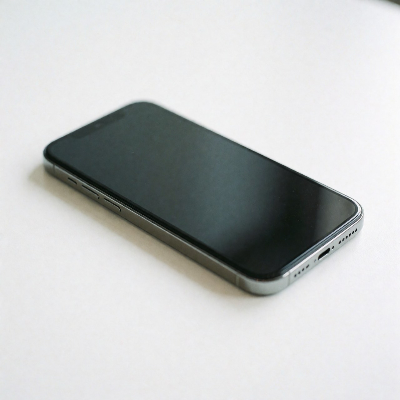 Sleek modern smartphone with metallic edges and screen visible on a clean white surface with professional lighting