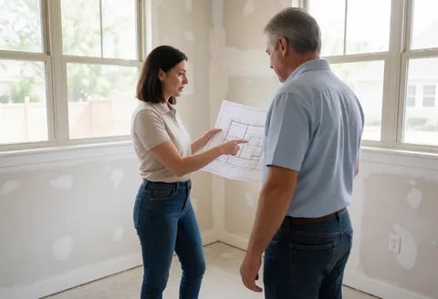 A man and woman review blueprints in a construction office with fresh paint and large windows letting in natural light
