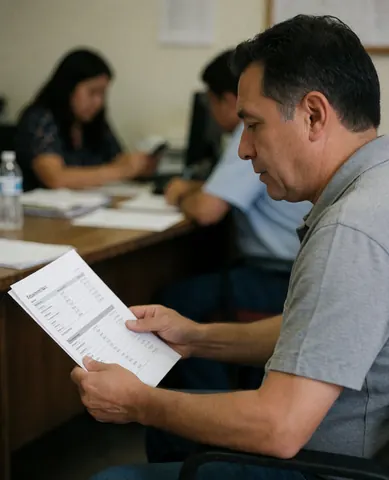 A satisfied man reviews a document in an office while another employee works in the background, creating a professional atmosphere.