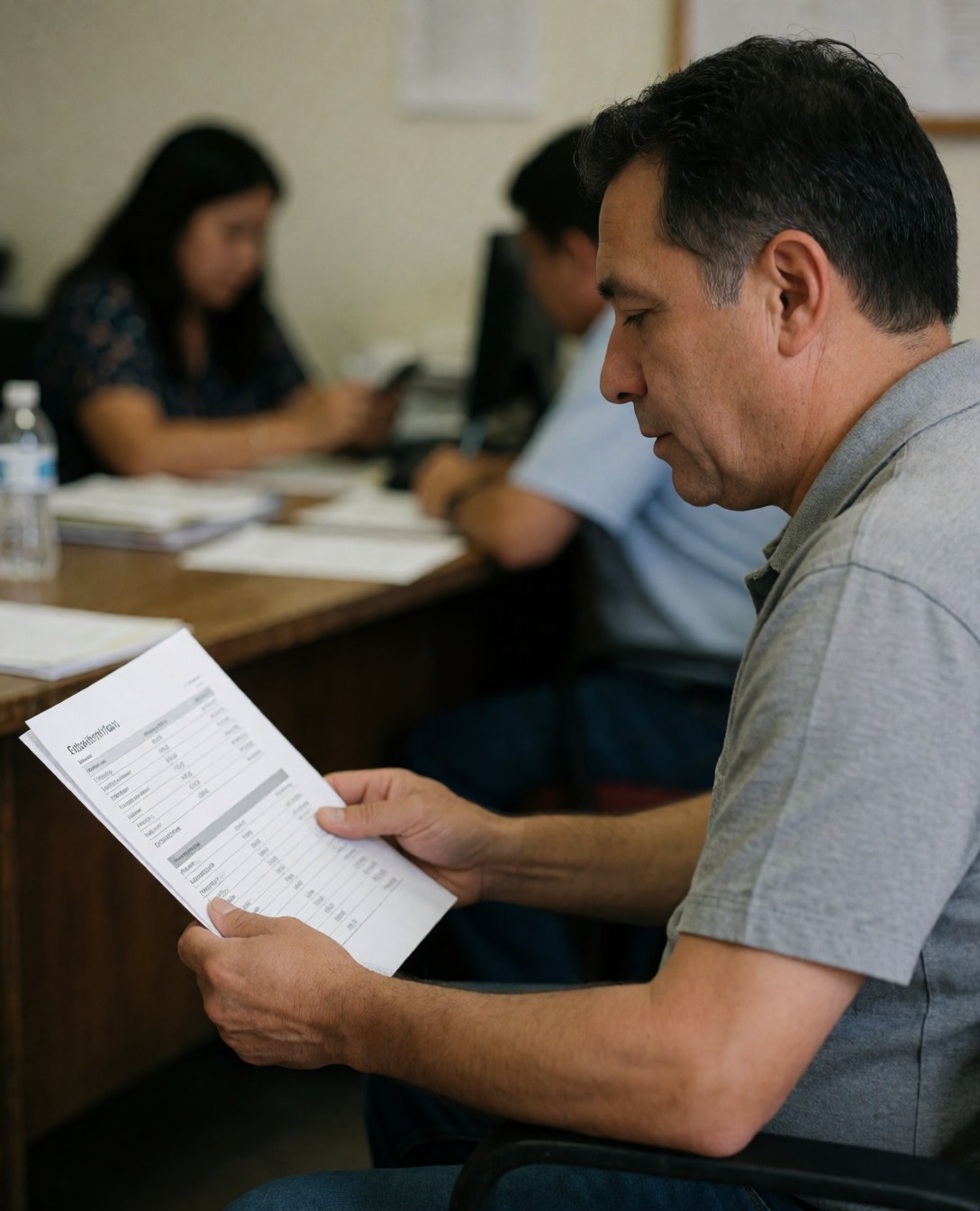 A satisfied man reviews a document in an office while another employee works in the background, creating a professional atmosphere.