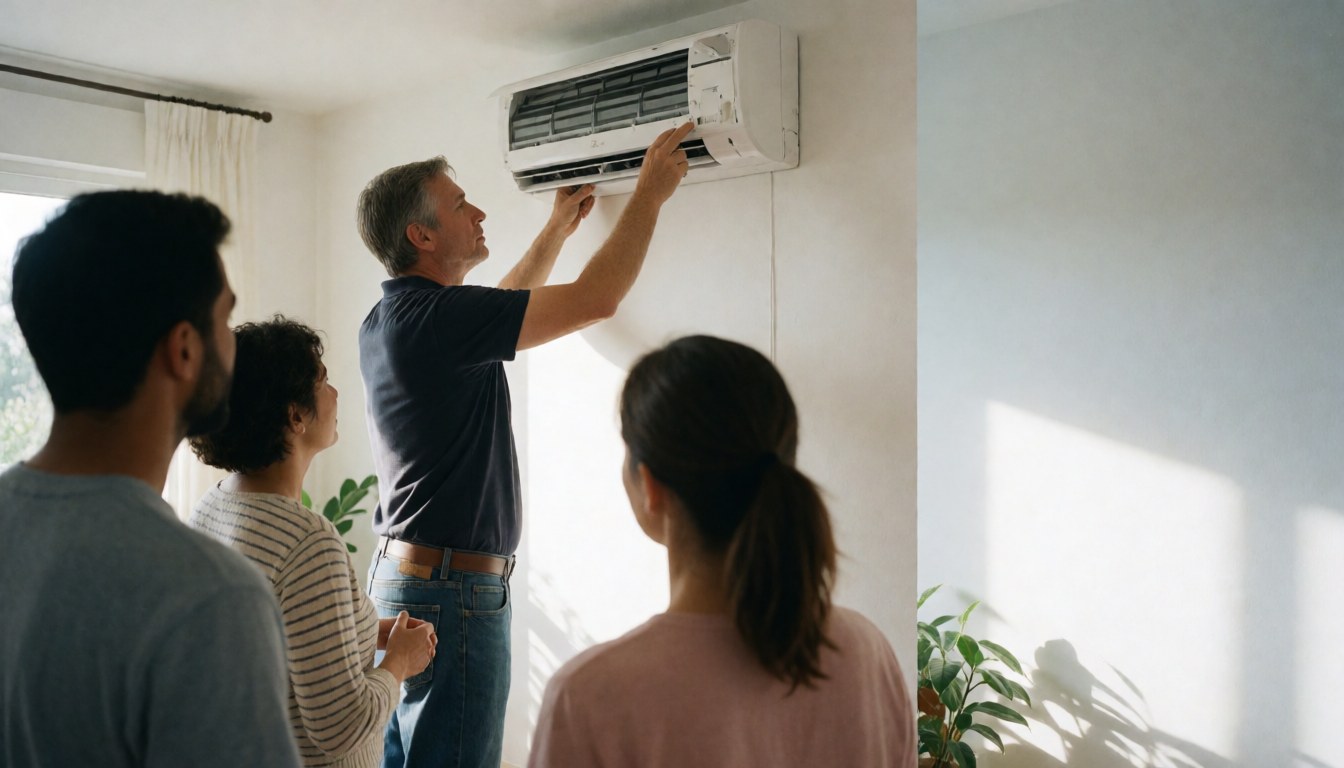 HVAC technician installs an air conditioning unit on a living room wall while three people observe the work in natural light