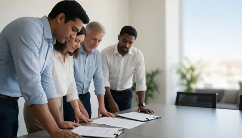 Four professionals examine paperwork together at a table in a bright, modern office with natural light.