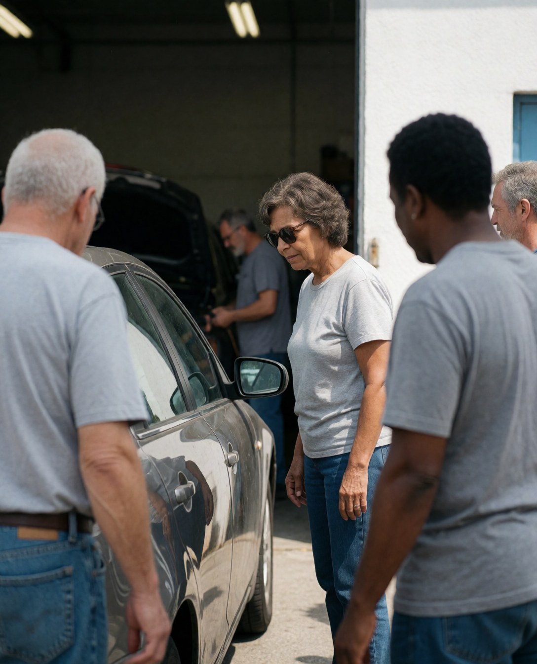A satisfied woman checks her vehicle inside a professional auto repair garage with other adults nearby under natural lighting.