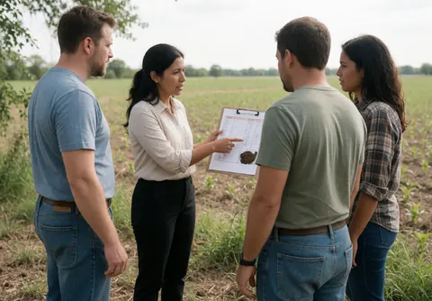 A female agricultural consultant shows soil data to three standing clients in a field, reviewing a chart and the ground in a professional setting.