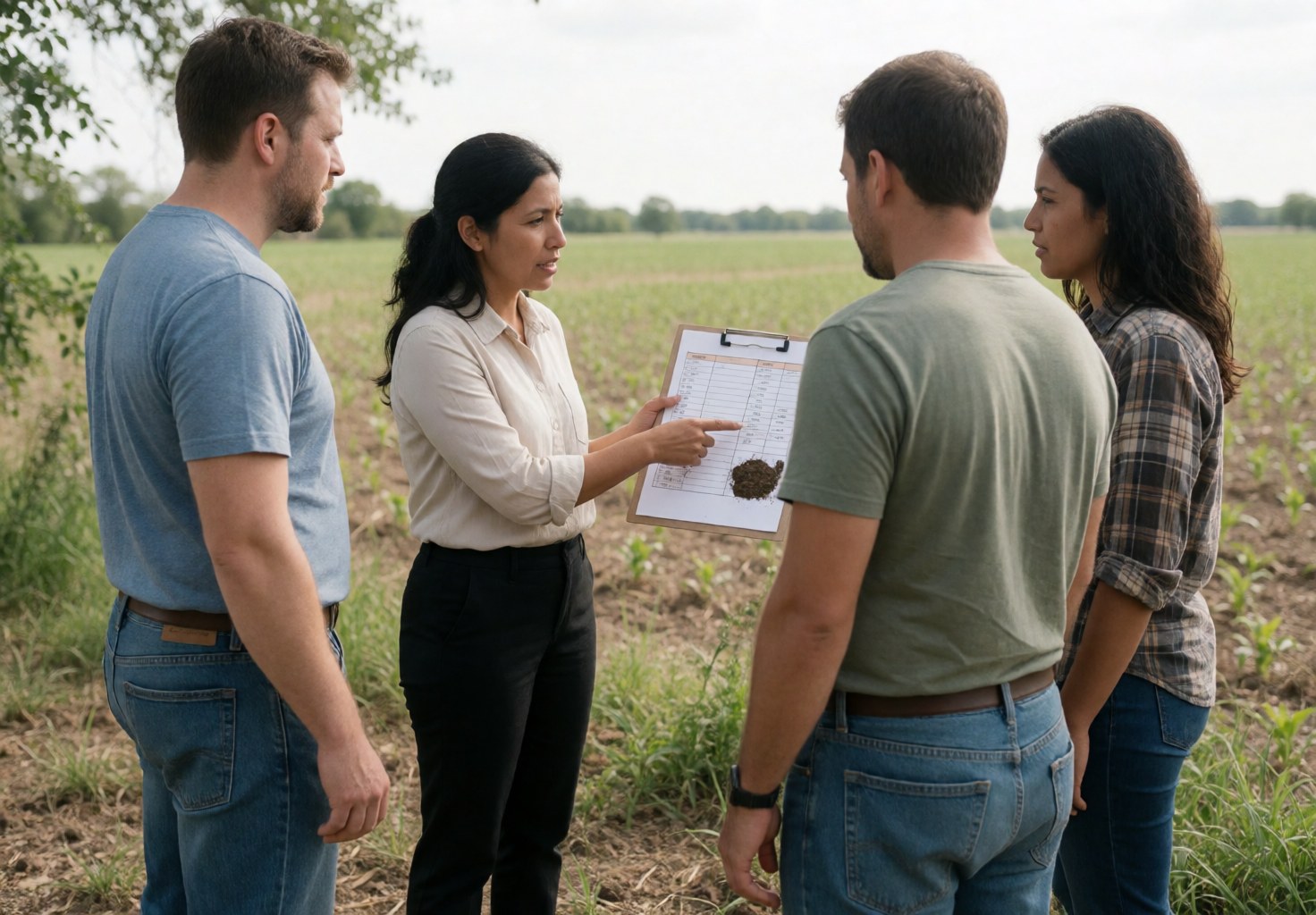 A female agricultural consultant shows soil data to three standing clients in a field, reviewing a chart and the ground in a professional setting.