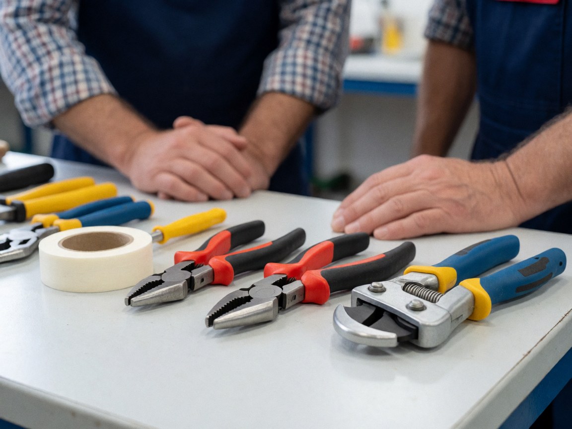 Plumbing tools including pliers, tape, and a pipe cutter arranged on a clean work table in a workshop.