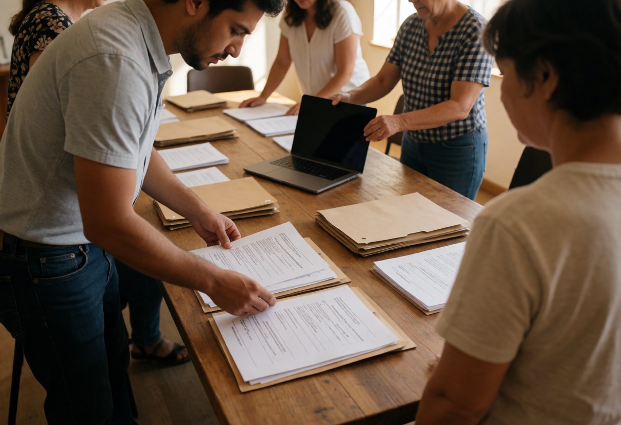 An instructor organizes folders and documents on a wooden desk with a laptop in a professional training environment
