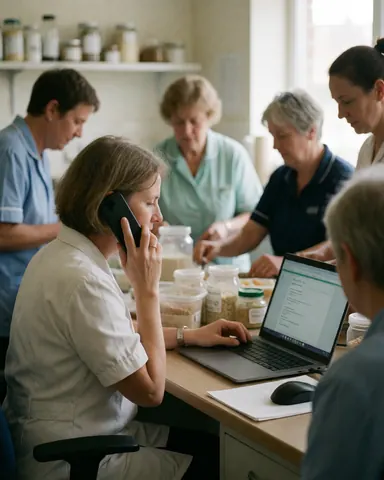 Adult woman talking on phone while using laptop in nutrition office with colleagues preparing healthy food in background