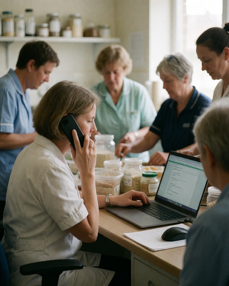 Adult woman talking on phone while using laptop in nutrition office with colleagues preparing healthy food in background