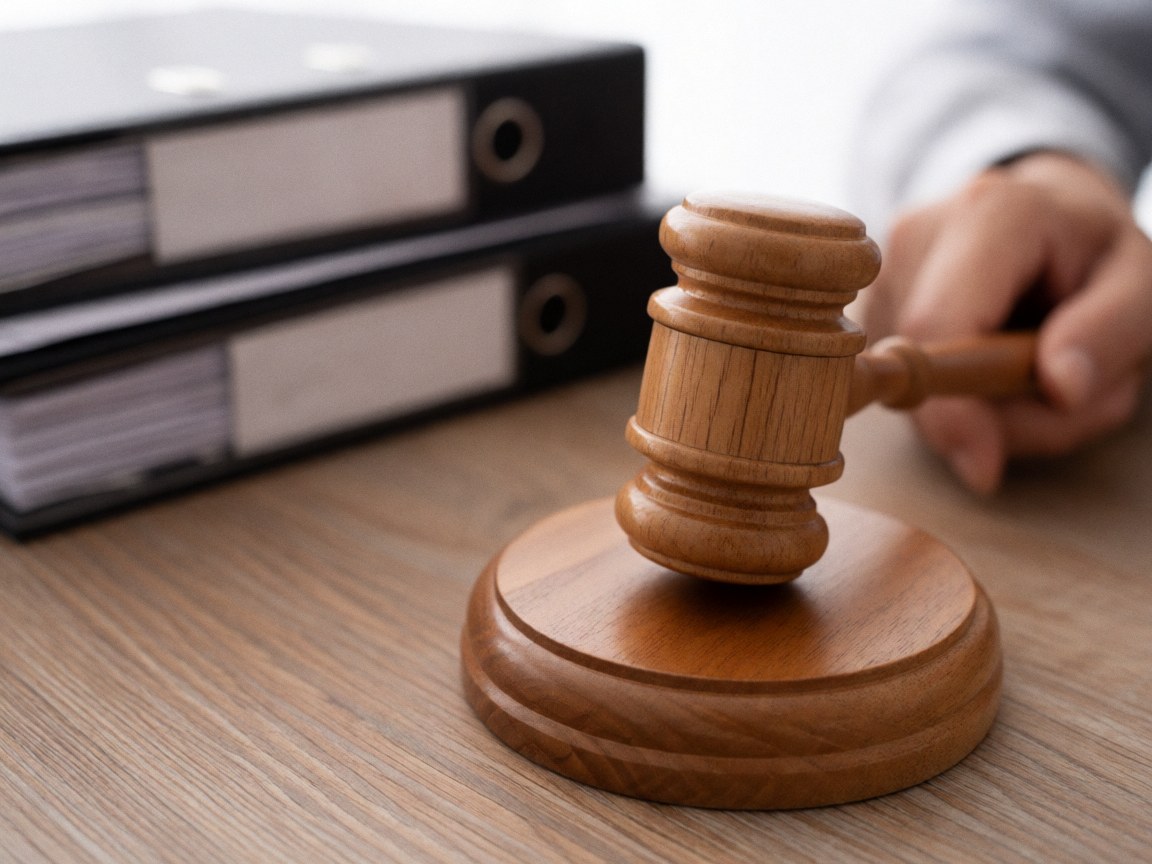 Close-up of a wooden judge's gavel resting on a black legal file folder in a well-lit office setting