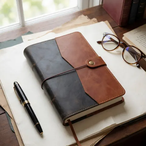 Two-tone leather notebook, black pen, and eyeglasses arranged on a desk with papers and books under natural light