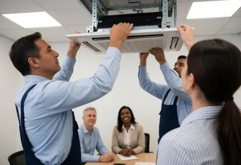 Two technicians install an air conditioning unit on a commercial office roof while a client watches from a table below.