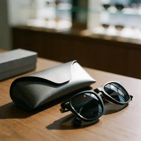 Black sunglasses and leather case on wooden table in optical store with natural lighting and blurred background