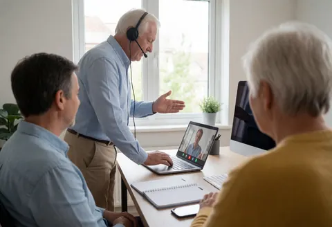 Senior man wearing headset on video call with laptop in modern office while two adults observe nearby