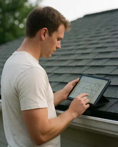 Young man in white t-shirt checking a ceiling blueprint on a tablet outdoors on a sunny day