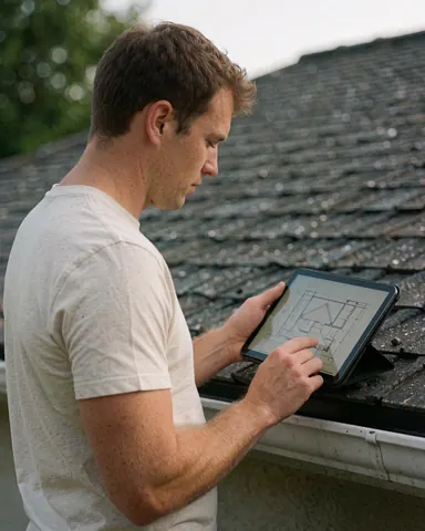 A young man reviews a roof plan on a tablet while standing on a shingled roof.