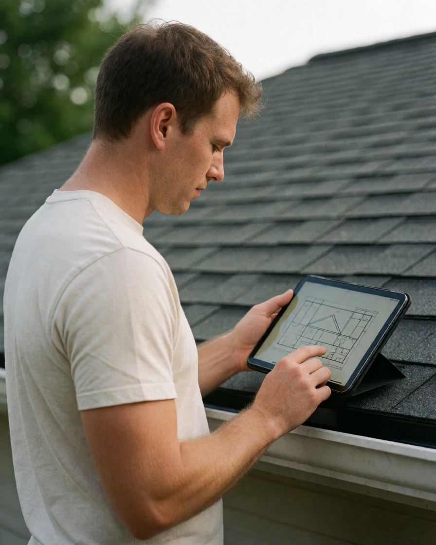 Young man in white t-shirt checking a ceiling blueprint on a tablet outdoors on a sunny day