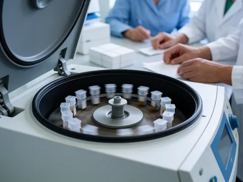Close-up of a clinical centrifuge rotating with sample tubes while scientists work in the clean background