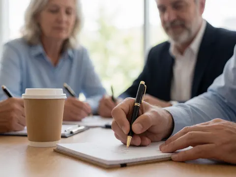 Close-up of a hand writing in a notepad with a pen, a cup of coffee nearby, and blurred colleagues in the background during a consulting meeting.