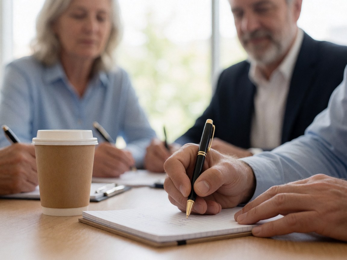 Close-up of a hand writing in a notepad with a pen, a cup of coffee nearby, and blurred colleagues in the background during a consulting meeting.