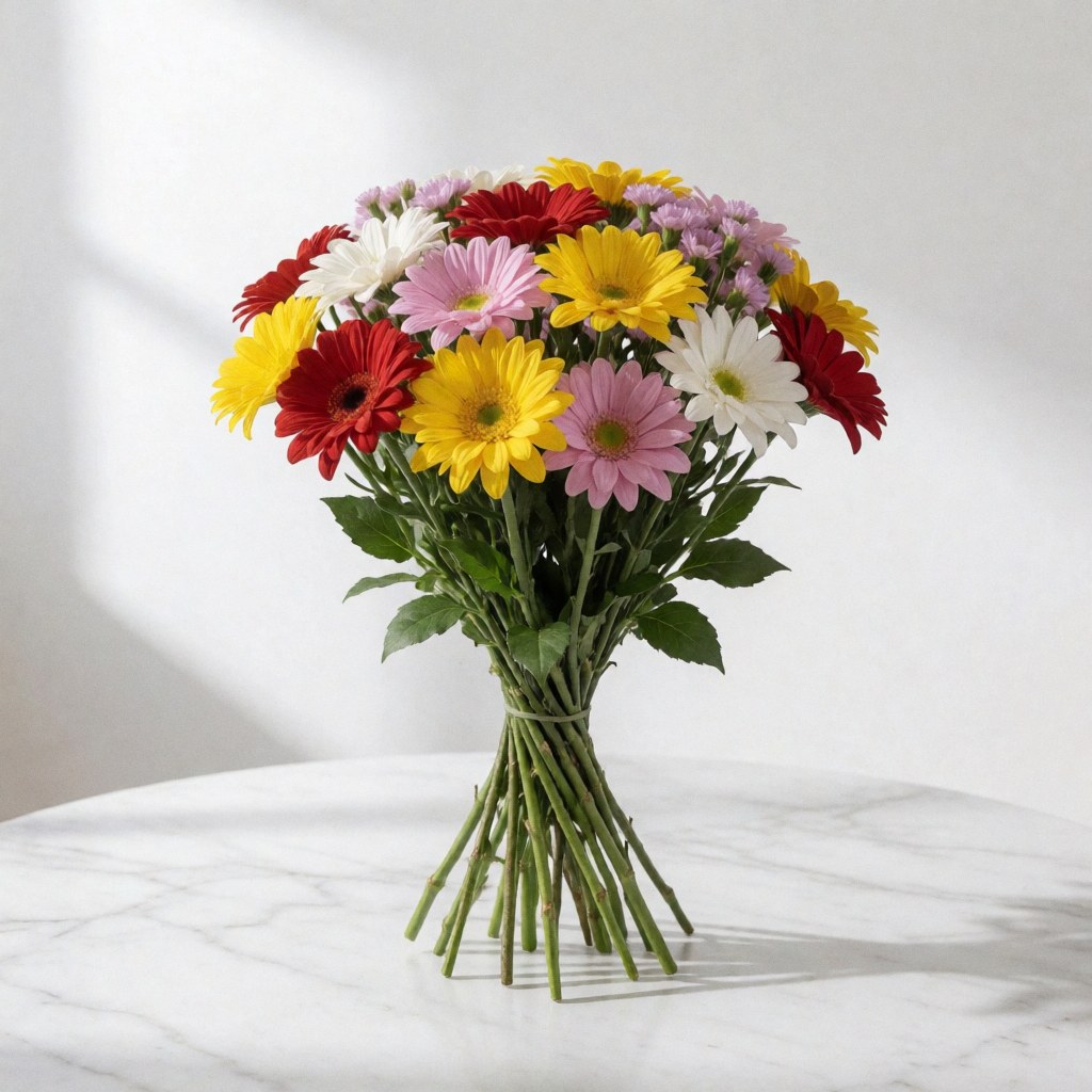 Vibrant gerbera daisy bouquet arranged on a white marble table with soft natural lighting