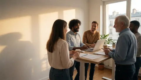 Marketing team gathered around a table with computers, documents, and coffee, illuminated by warm golden window light in a professional setting