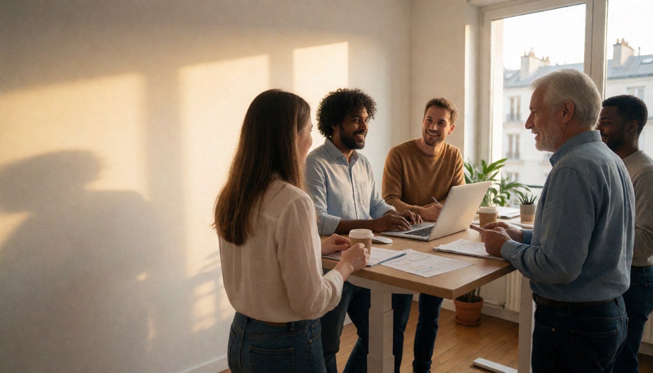 Marketing team gathered around a table with computers, documents, and coffee, illuminated by warm golden window light in a professional setting