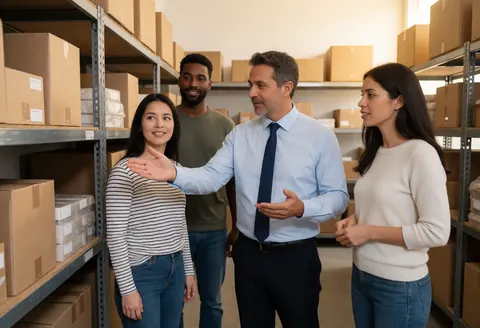 A professional supervisor leads two clients through a warehouse filled with shelves of boxes, all displaying friendly expressions.