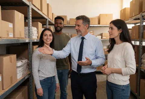 A supervisor in a shirt and tie guides three clients through a warehouse with shelves full of cardboard boxes.