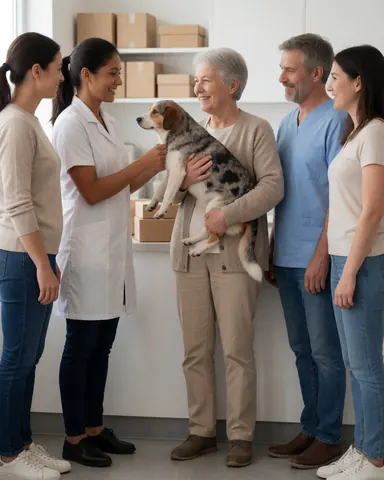 A smiling older woman holds her dog while a veterinarian examines it in a modern clinic with staff observing.