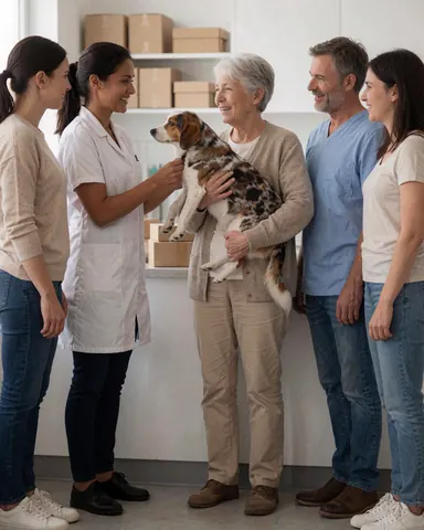An older woman holds her dog while veterinary staff warmly attends to her at a clinic.