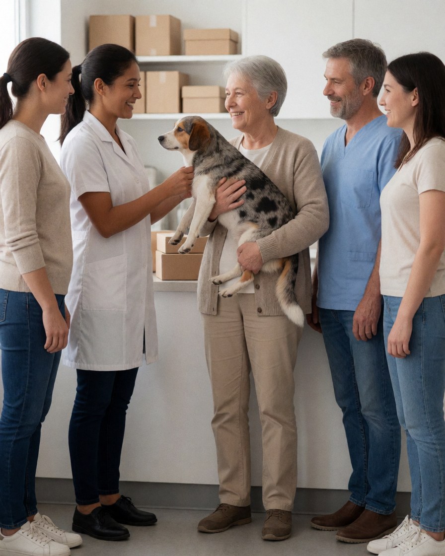 A smiling older woman holds her dog while a veterinarian examines it in a modern clinic with staff observing.