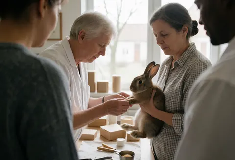 A veterinarian examines a rabbit's paw while the owner holds the animal in a well-lit exam room with medical supplies and boxes.