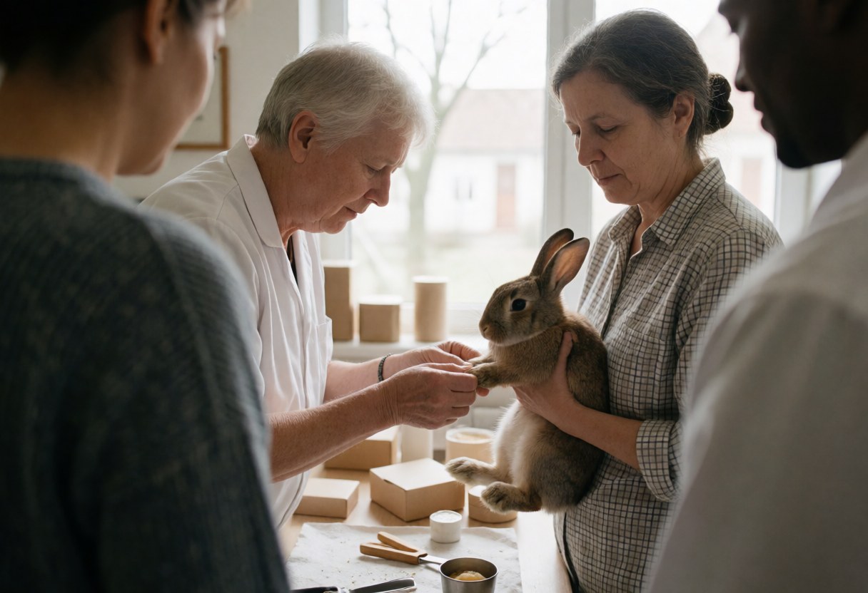 A veterinarian examines a rabbit's paw while the owner holds the animal in a well-lit exam room with medical supplies and boxes.