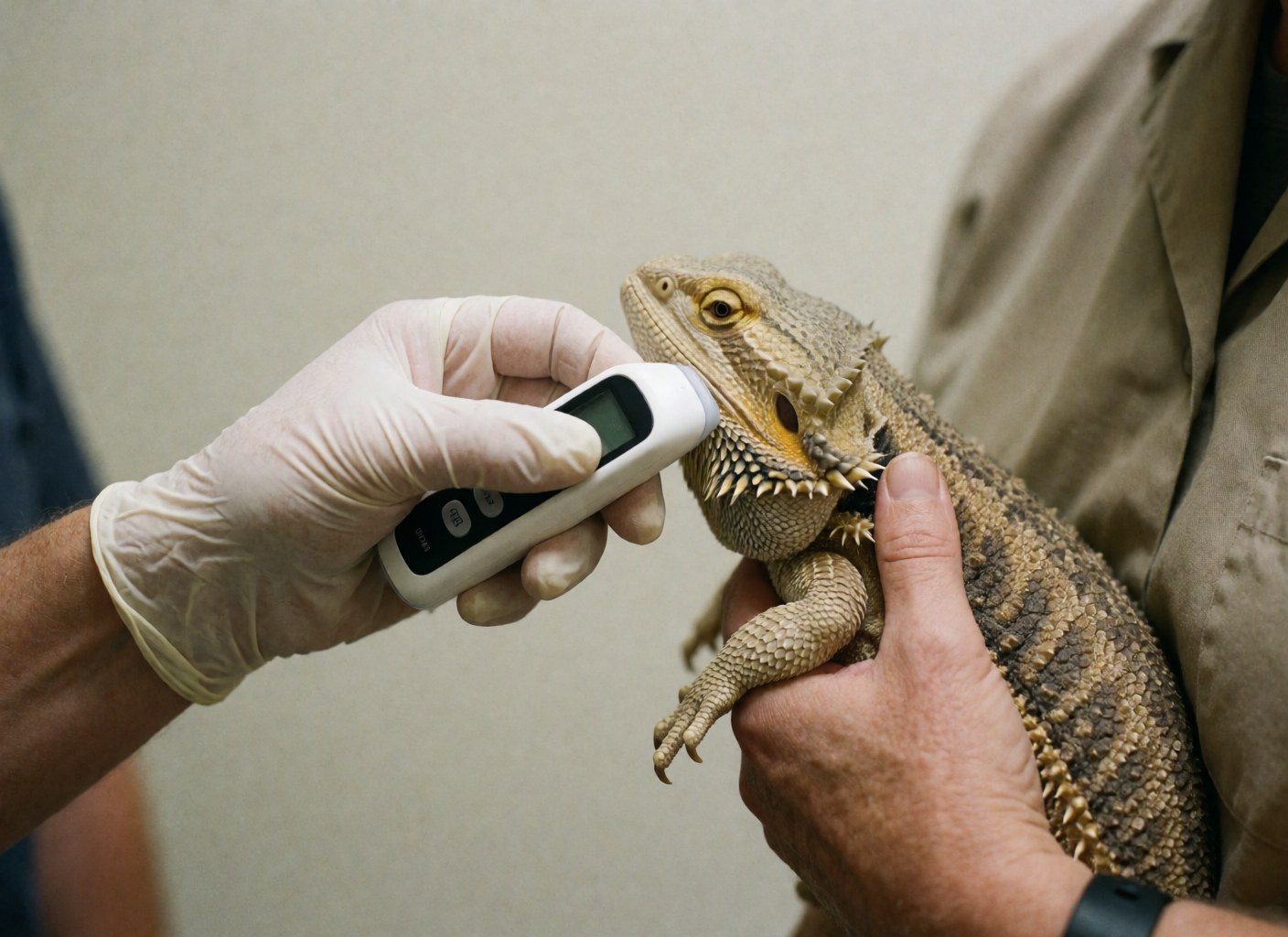 A gloved hand holds a digital thermometer near a bearded dragon's ear while another person supports the reptile against a neutral clinical background