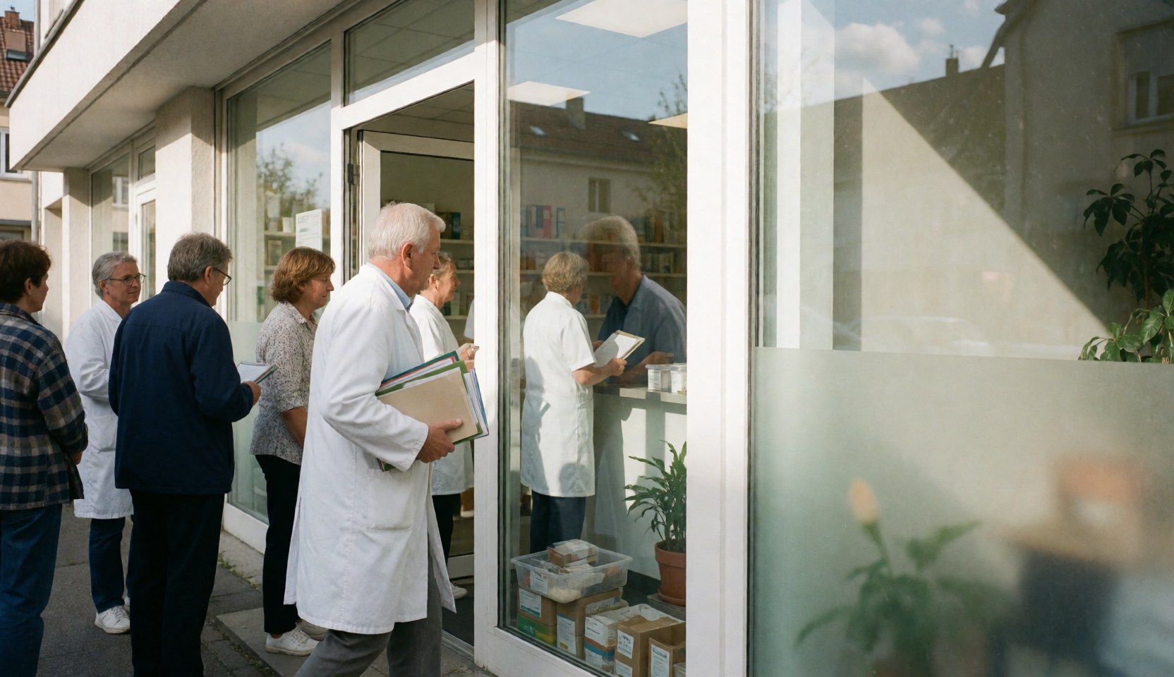 A senior veterinarian walks toward the entrance of a clinic with large windows while other professionals and clients wait outside.