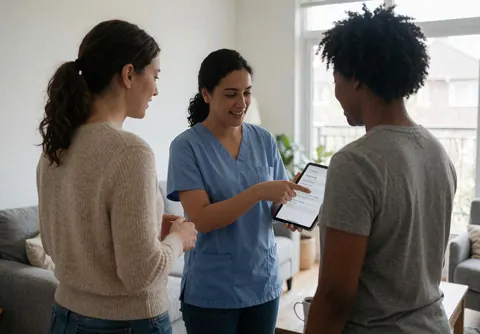 A veterinarian in blue scrubs shows results on a tablet to two clients in a living room.