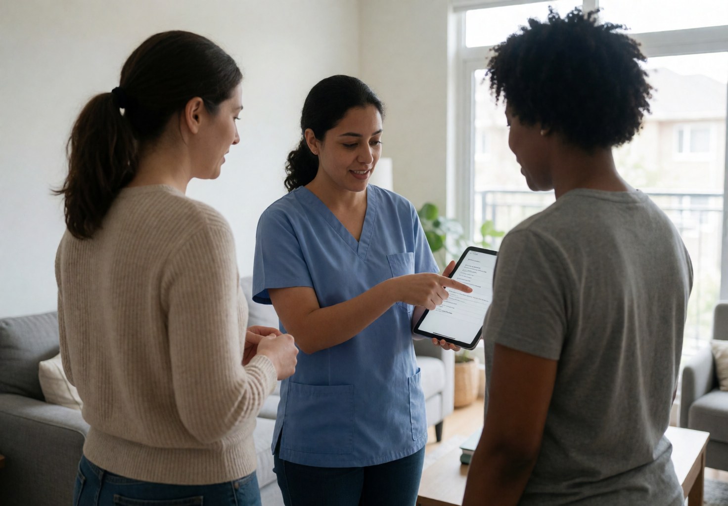 Veterinarian in blue uniform explaining medical results on a tablet to a pet owner in a modern living room.