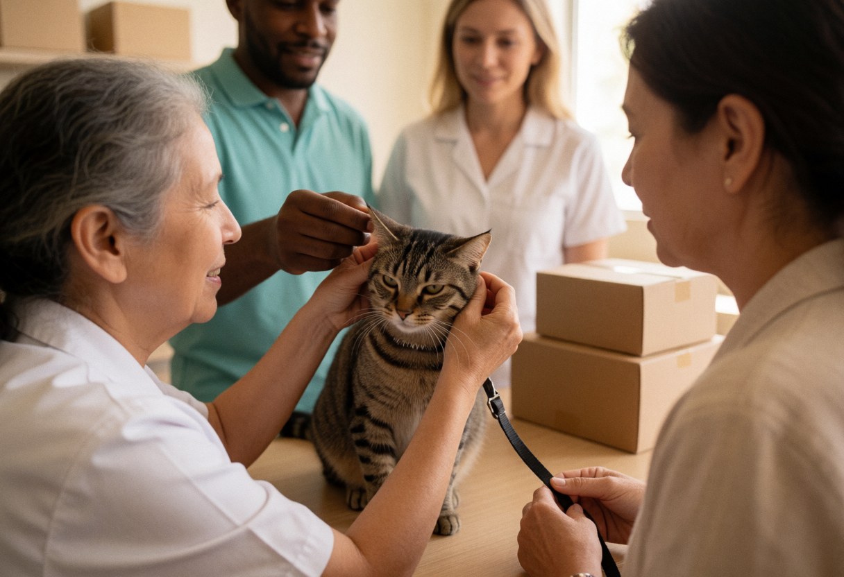 A veterinarian checks the ears of a calm cat held by its owner in a professional clinic setting